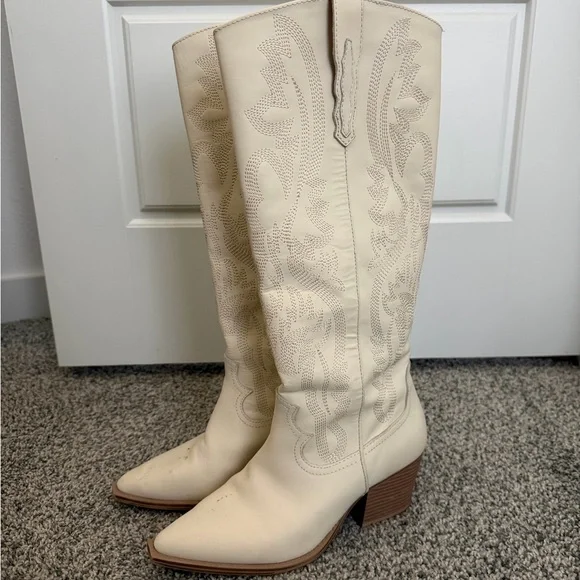 Cream Western-Style Knee-High Boots - Picture 2 of 6